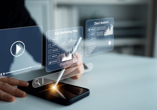 Business professional analyzing digital marketing data on smartphone with virtual charts and graphs in modern office setting for technology concepts Quark.