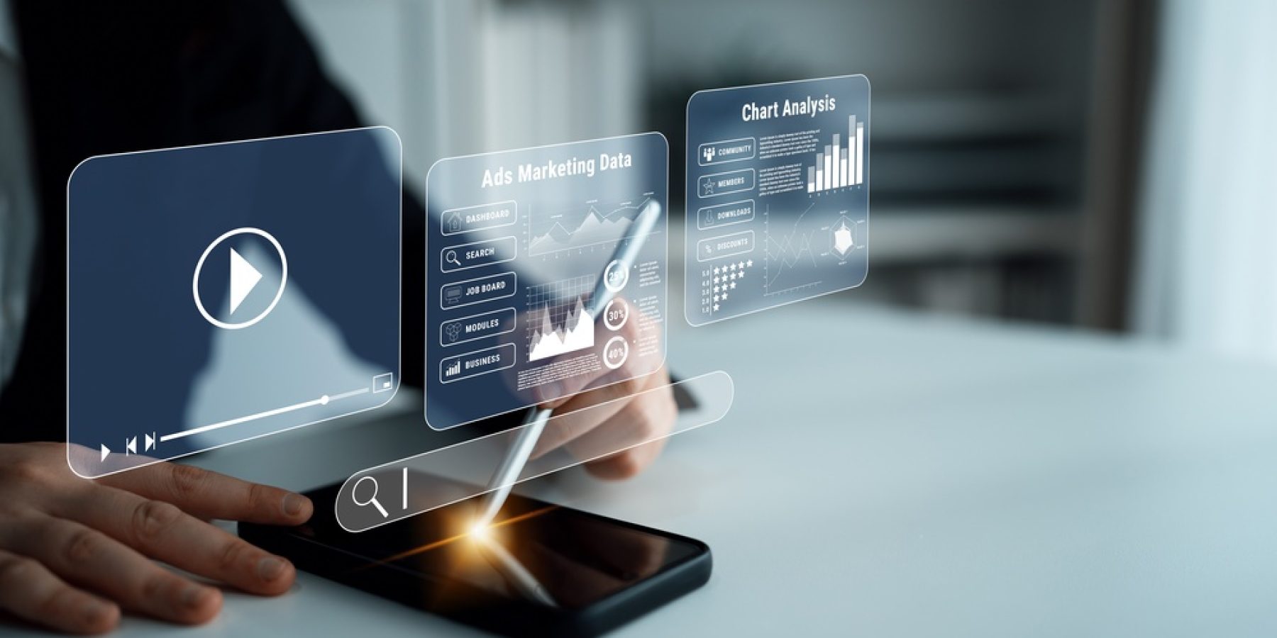 Business professional analyzing digital marketing data on smartphone with virtual charts and graphs in modern office setting for technology concepts Quark.