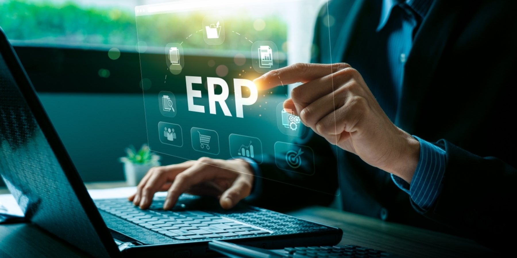 Businessman Using ERP Software System on Virtual Interface, Integrating Business Processes and Data Management Solutions for Efficient Workflow, ERP data icon to analyze marketing technology