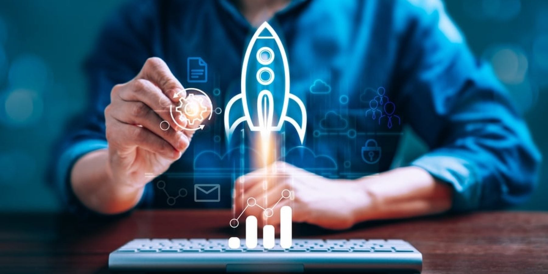 Businessman,Launching,A,Transparent,Rocket,Icon,,Concept,Of,Startup,Business